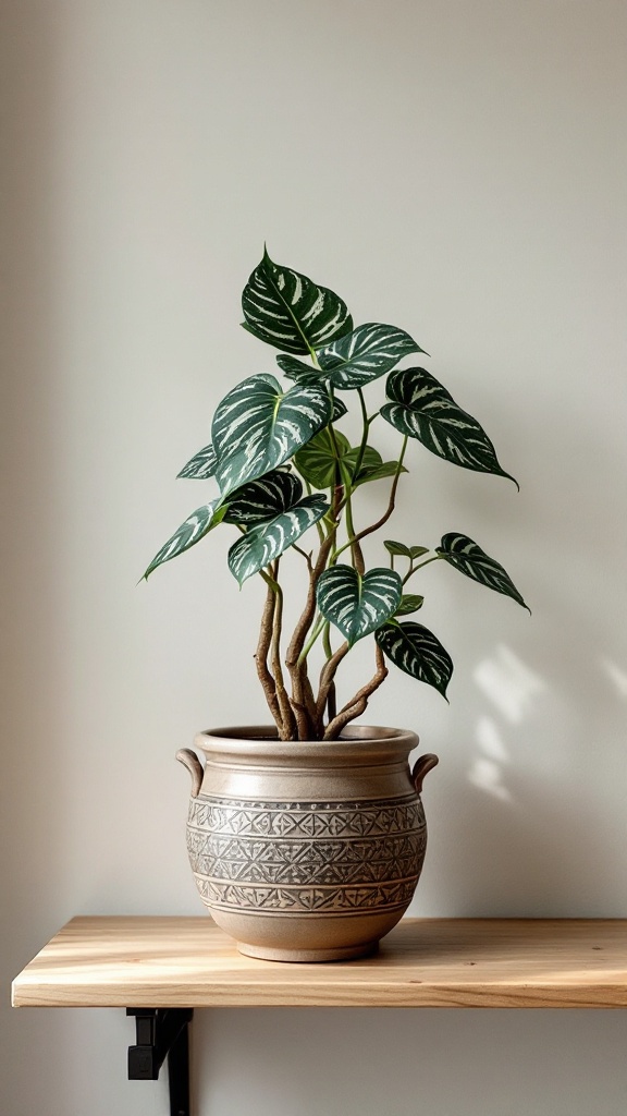 A nerve plant in a decorative pot on a wooden shelf.