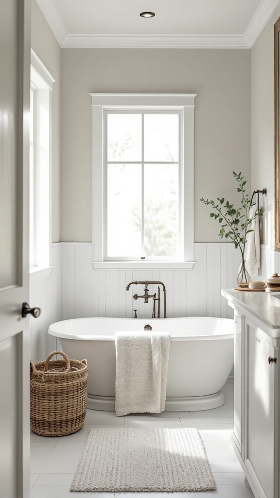 A cozy farmhouse bathroom with neutral colors, featuring a freestanding tub and natural light.