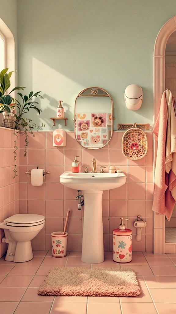 A vintage-inspired bathroom featuring pastel tiles, a circular mirror, and colorful accessories.