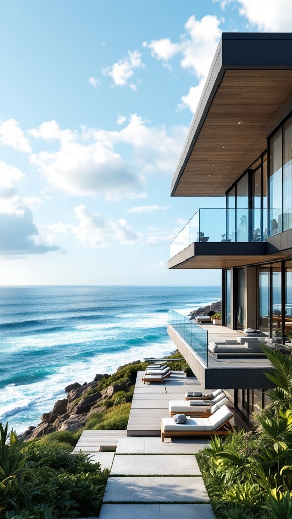 A contemporary beach house with large glass windows and a beautiful view of the ocean.