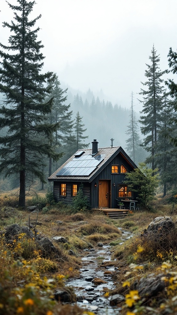 A cozy tiny house with solar panels surrounded by trees and a stream.