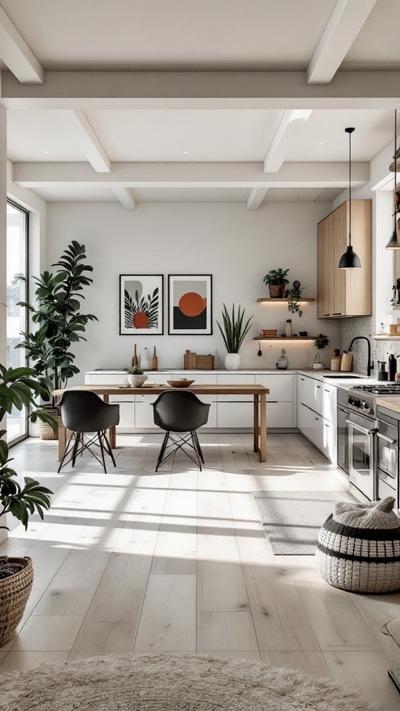 A modern open-concept kitchen and dining area with a wooden table, black chairs, and plants.