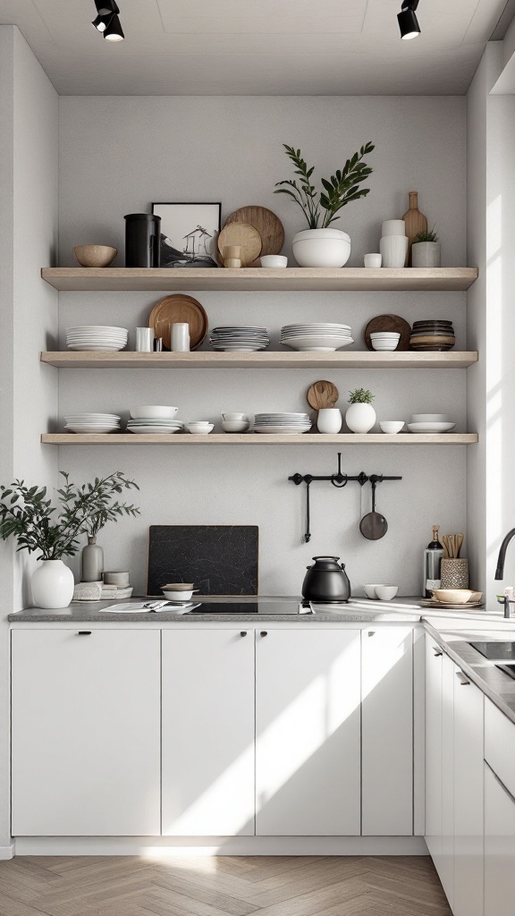 A modern kitchen featuring open shelving with various dishes, plants, and decorative items arranged neatly.