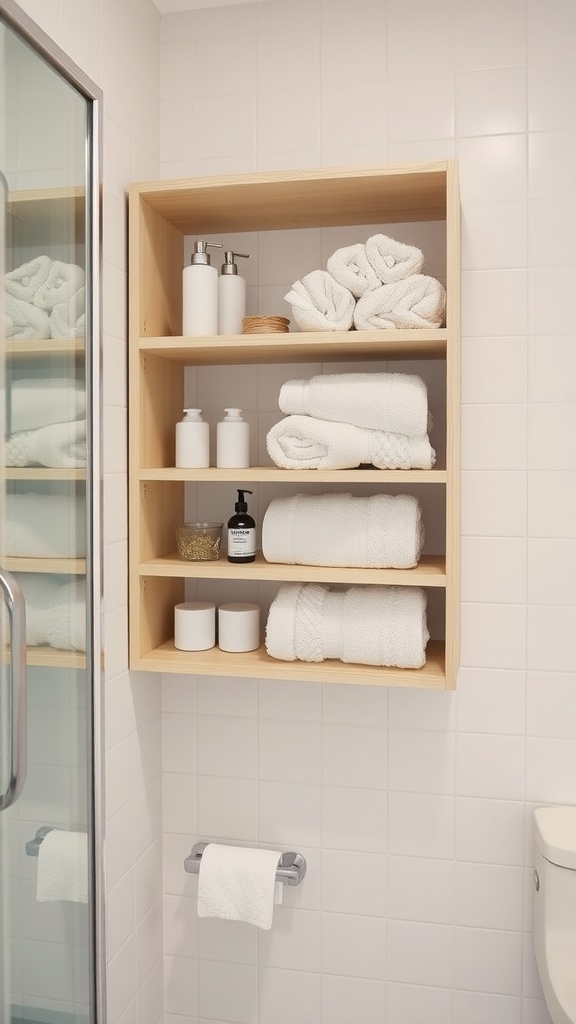 Small bathroom with open shelving displaying towels and toiletries