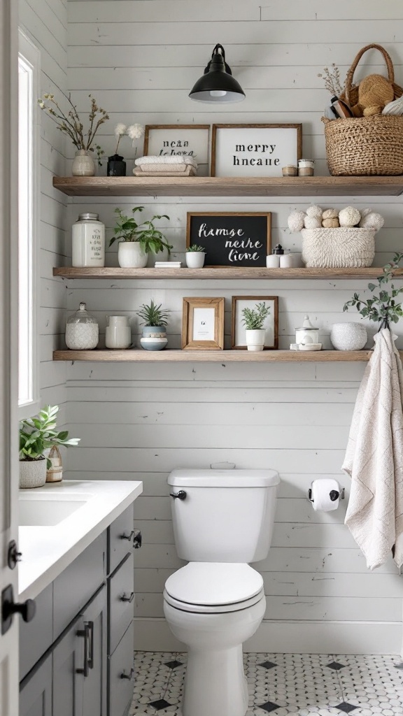 Farmhouse bathroom with open shelving displaying decor and plants.