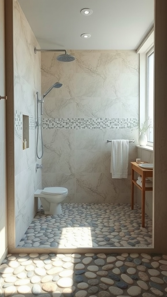 Open shower featuring pebble flooring and modern fixtures.