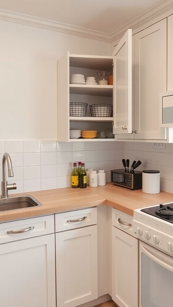 A small kitchen with a corner cabinet featuring plates and baskets, highlighting the use of space.