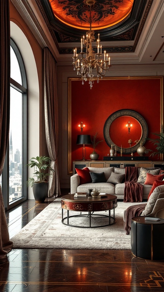 A luxurious living room featuring Art Deco elements, with a rich red wall, elegant chandelier, and plush furniture.