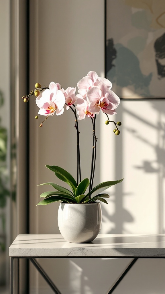 A beautiful orchid plant in a modern white pot, showcasing delicate pink flowers.