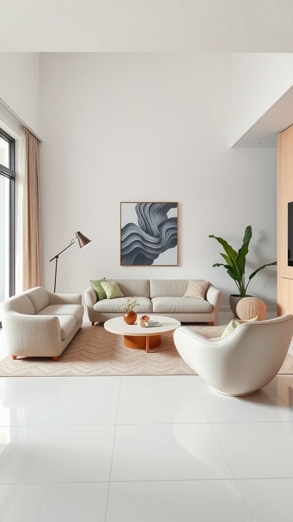 A cozy living room with organic shaped furniture, including a curved chair and a round coffee table.