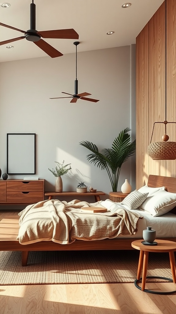 A mid-century bedroom featuring natural wood furniture, soft textiles, and plants for an organic feel.