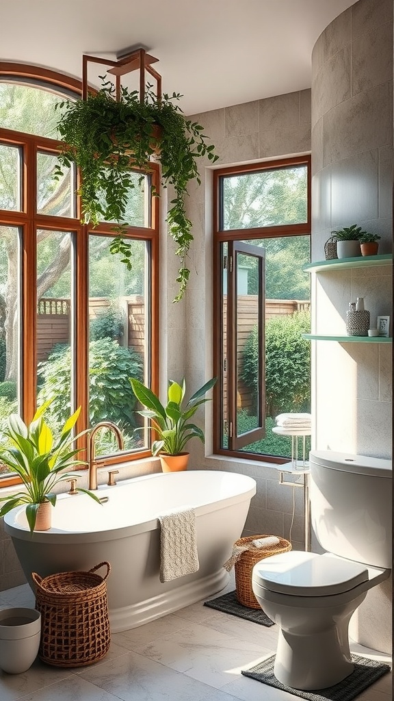 A bathroom with large windows, plants, and natural light, giving an outdoor-inspired vibe.