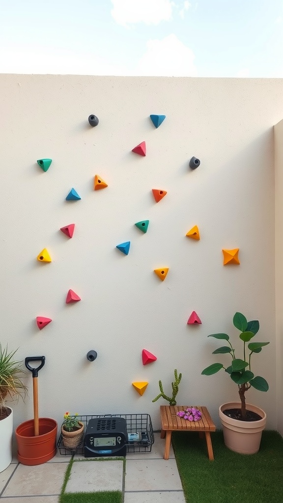 Colorful climbing wall with various holds in an outdoor setting.