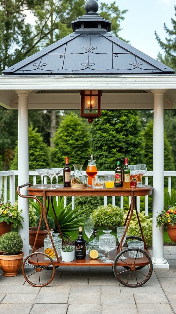 A beautifully arranged outdoor bar cart under a gazebo with drinks and glassware.