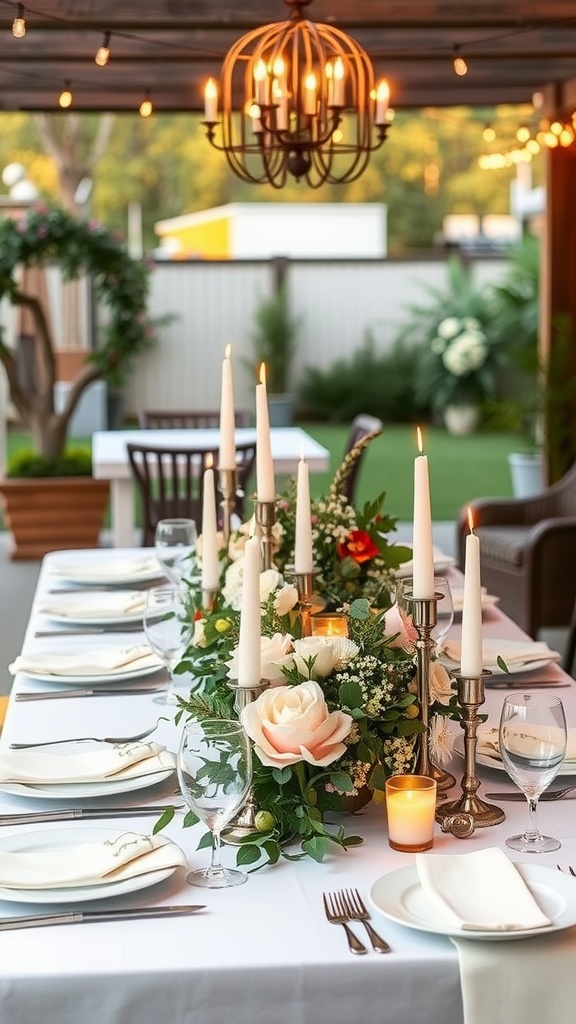 A beautifully set outdoor dining table with candles and flowers