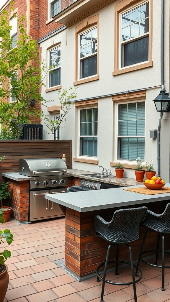 Outdoor kitchen setup featuring a grill, bar stools, and potted plants.