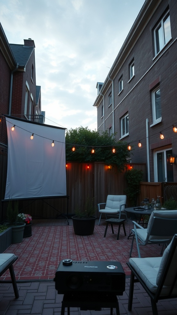 Cozy outdoor movie setup with a projector, screen, and comfortable seating