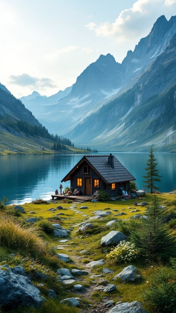 A picturesque tiny house by a serene lake surrounded by mountains.