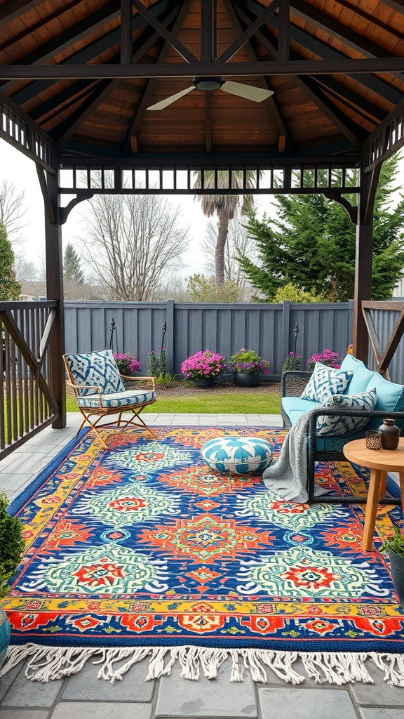 Colorful outdoor rug in a gazebo with seating and plants