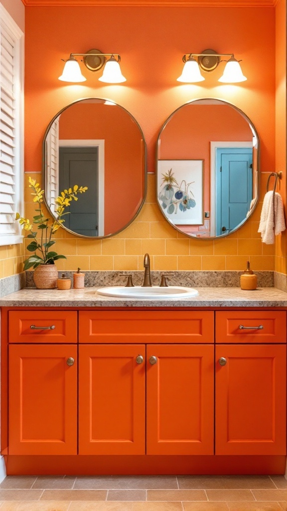 Colorful bathroom with painted orange cabinets and round mirrors