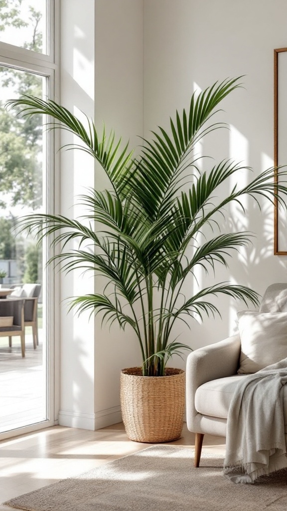 A Parlor Palm in a stylish living room corner next to a cozy sofa.