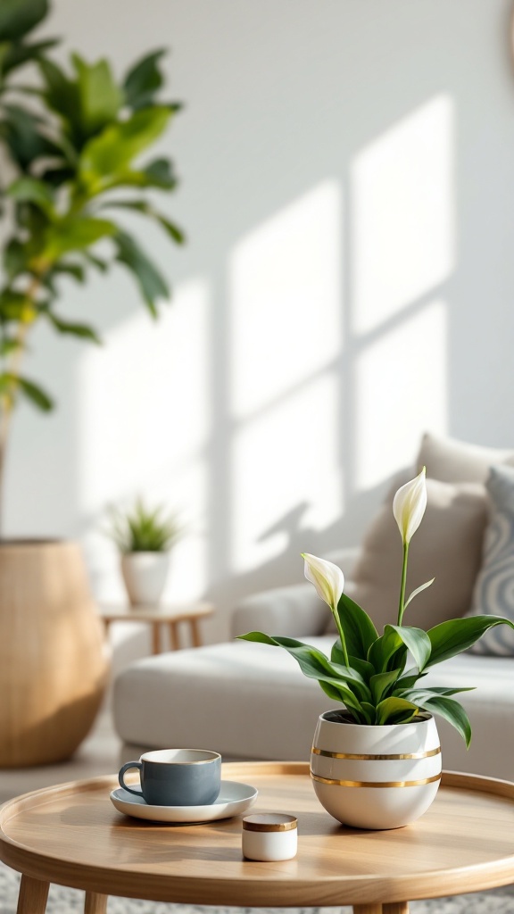 A Peace Lily in a modern living room setting with light streaming in.