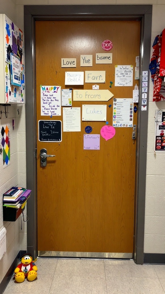 A dorm room door decorated with colorful signs and notes.