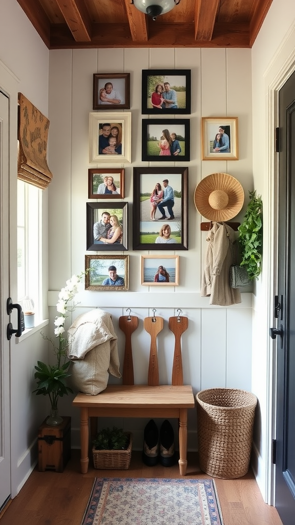 A cozy entryway featuring a collection of family photos in various frames, a bench, and decorative elements.