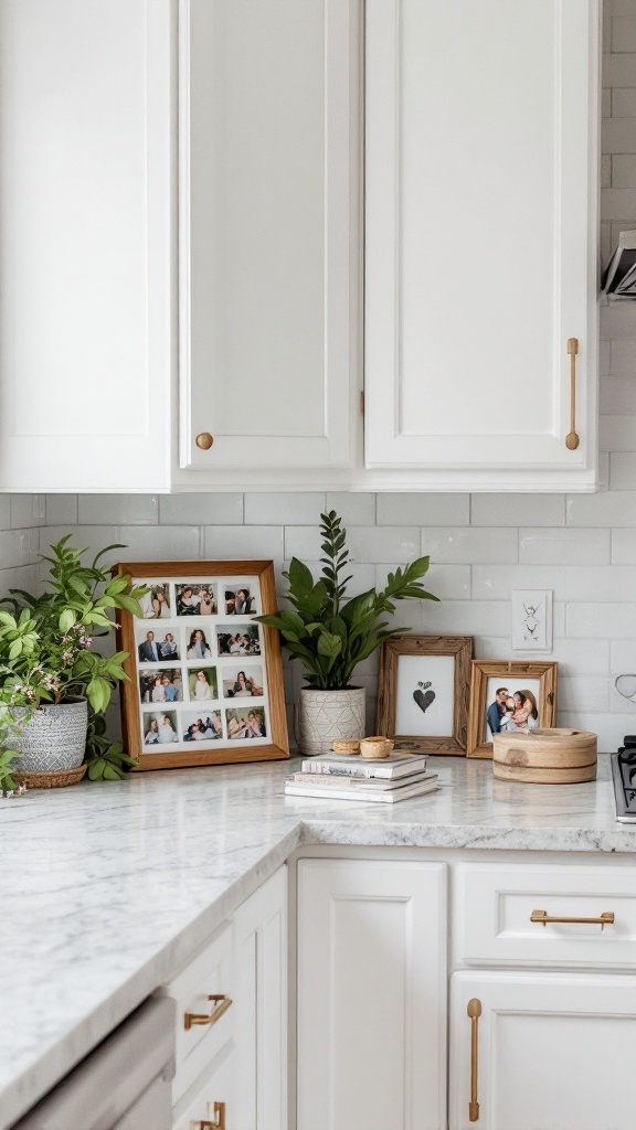 A kitchen countertop decorated with family photos and a green wreath.