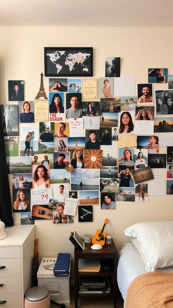 A wall filled with various photos, notes, and a small Eiffel Tower decoration.