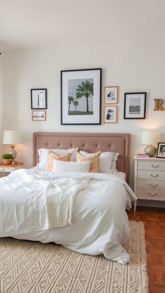 Cozy bedroom with personalized decor including framed photos and decorative pillows.