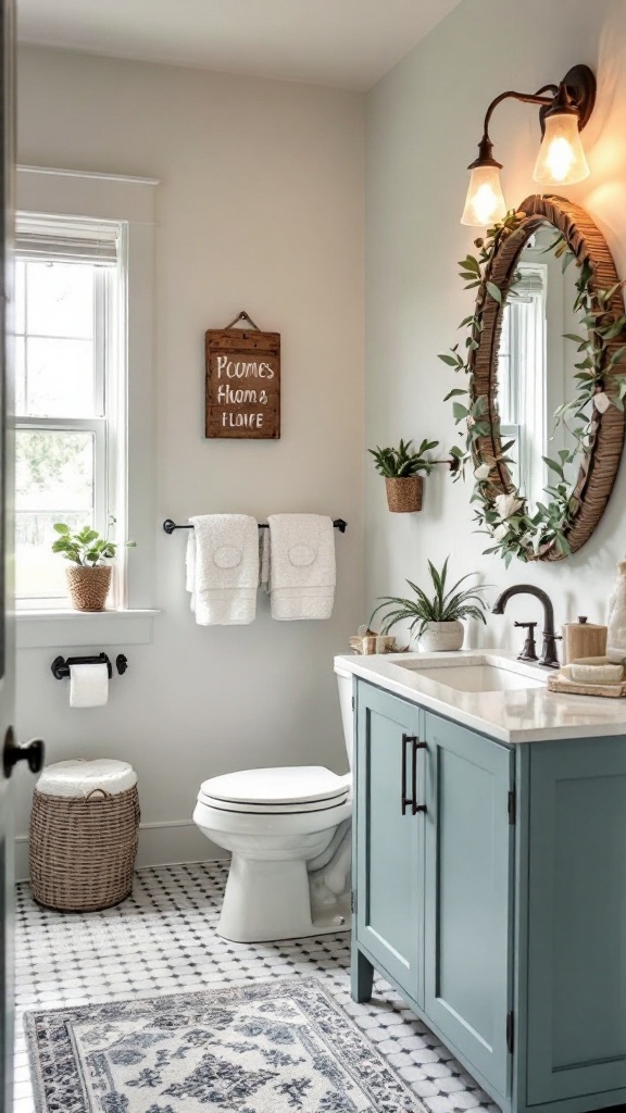 A cozy farmhouse bathroom featuring a wooden sign, plants, and soft towels.