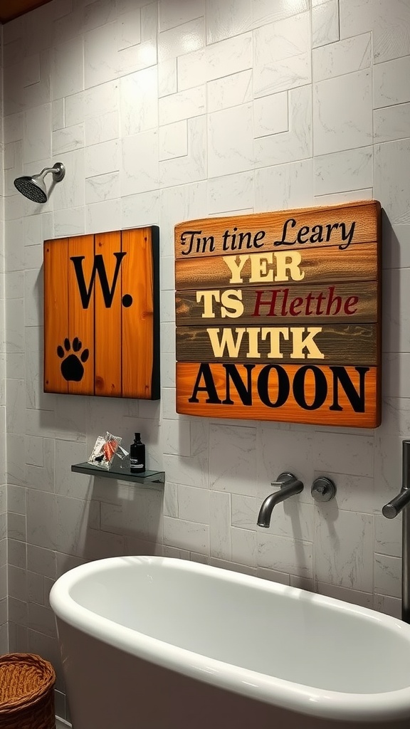 Rustic decor in a wet room featuring wooden wall art and a cozy tub.