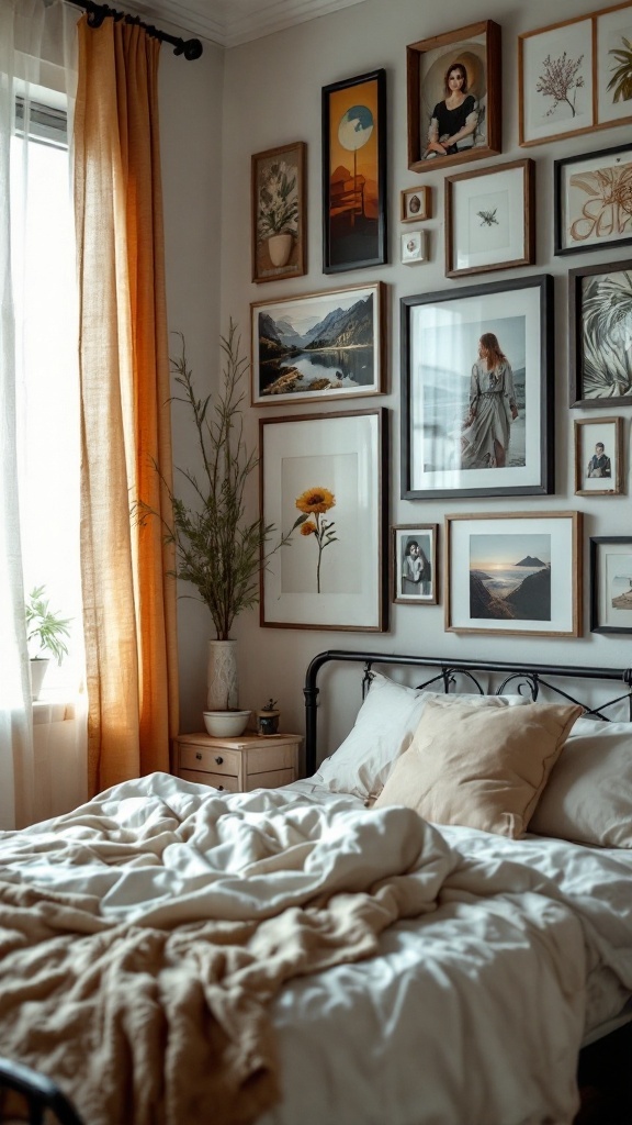 A cozy bedroom with a gallery wall of framed artwork and photos.