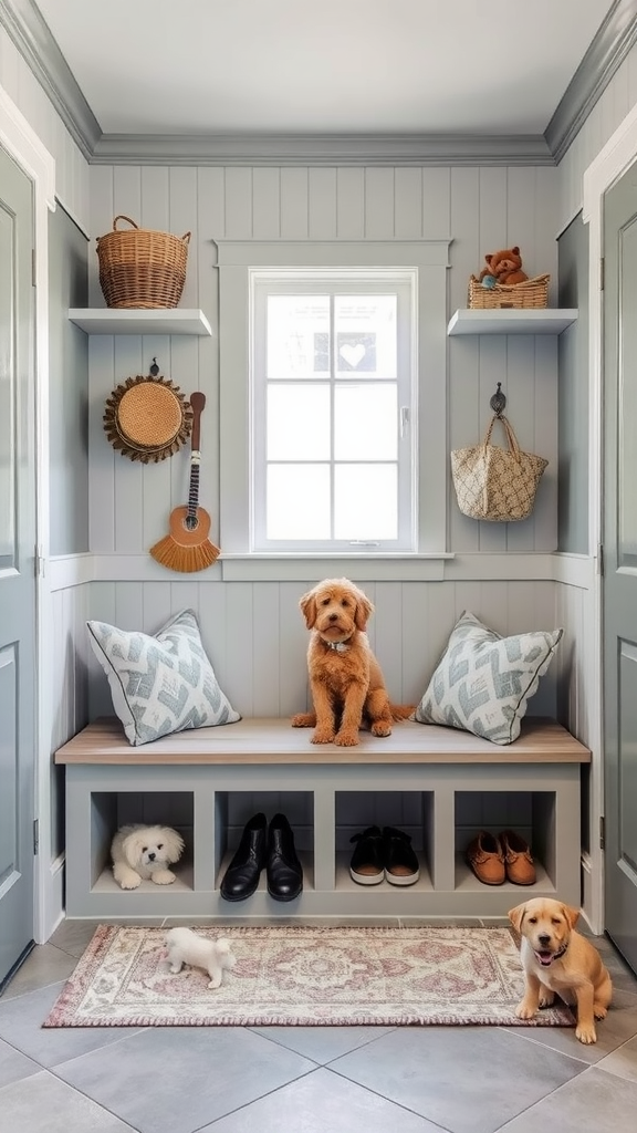 A welcoming pet-friendly entryway with two puppies on a bench and shoes below.