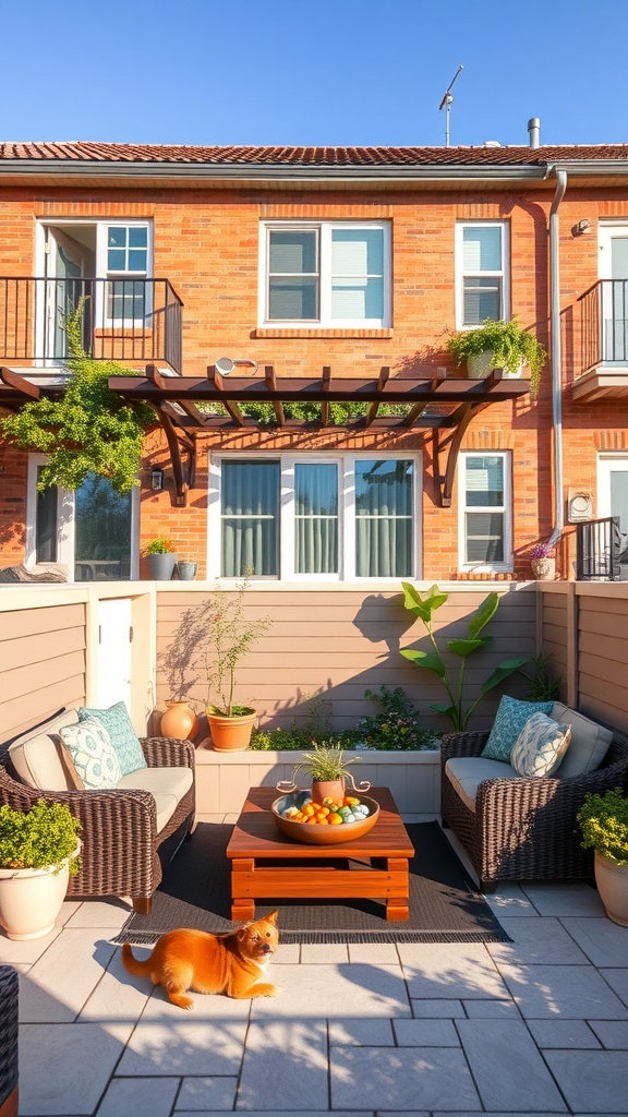 A pet-friendly patio space with comfortable seating and a dog lounging on the floor.