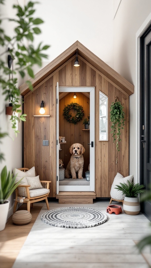 A cozy wooden tiny house with a dog sitting in front, designed for pet-friendly living.