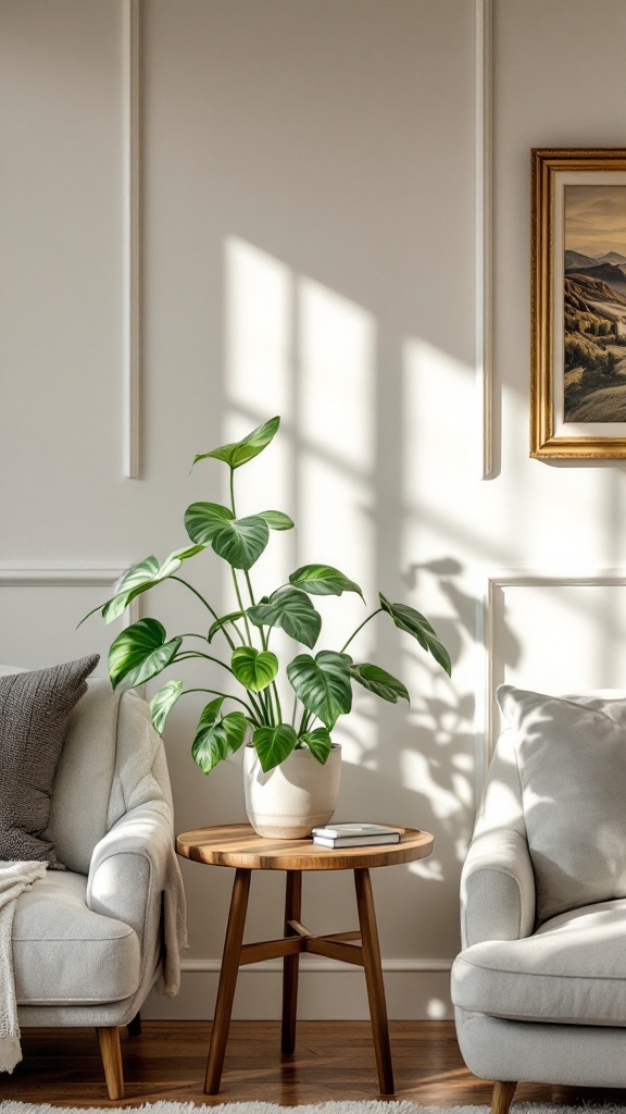 A philodendron plant in a cozy living room setting with light streaming through.