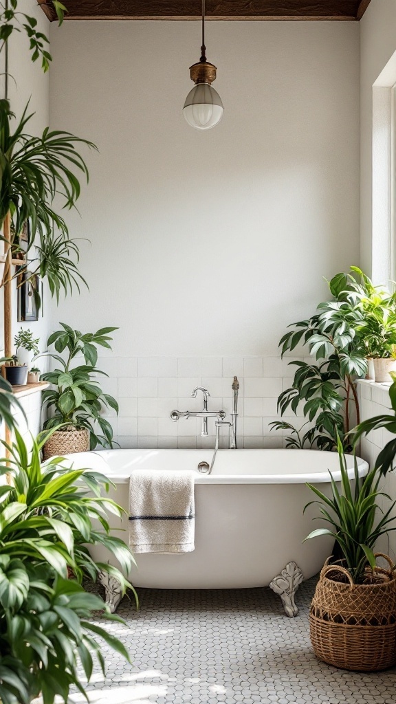 Farmhouse bathroom with plants and a freestanding tub