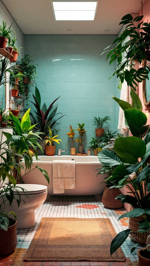 A bright bathroom filled with various plants and a bathtub, featuring groovy tiles.