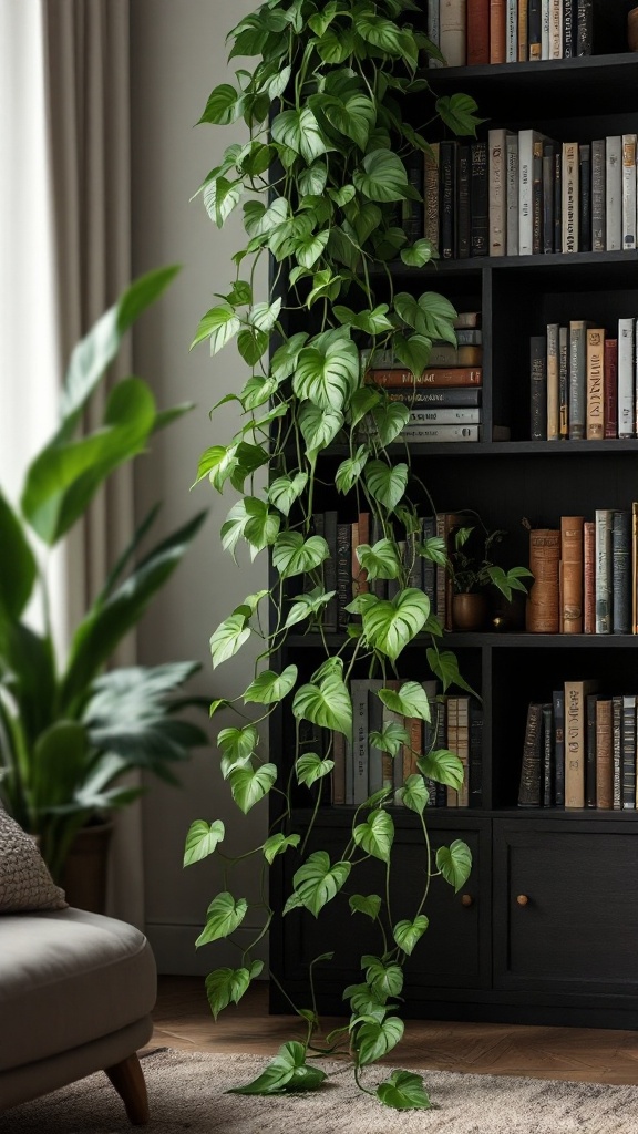 A lush Pothos plant trailing down from a shelf beside a cozy sofa.