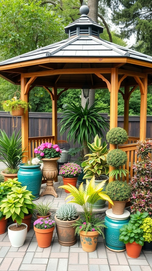 A gazebo surrounded by various potted plants, showcasing a mix of flowers and greenery.