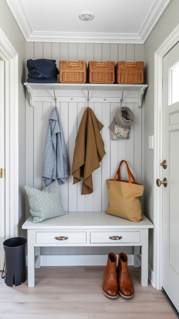 A neatly organized entryway with a bench, baskets, and hooks for outdoor gear.