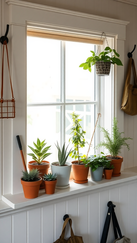 A collection of potted plants and herbs on a windowsill