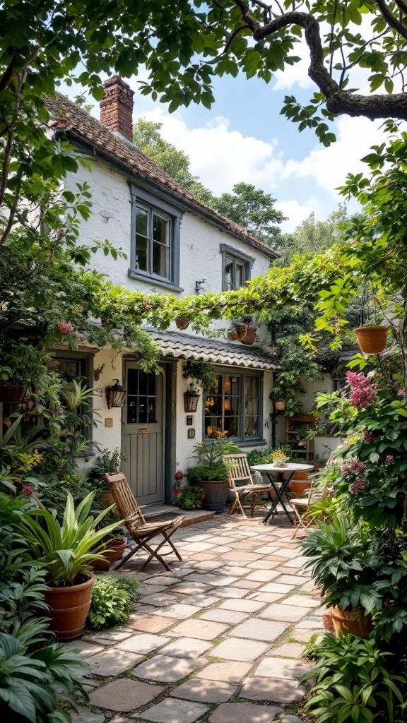 A quaint village house with a cozy courtyard filled with plants and seating.