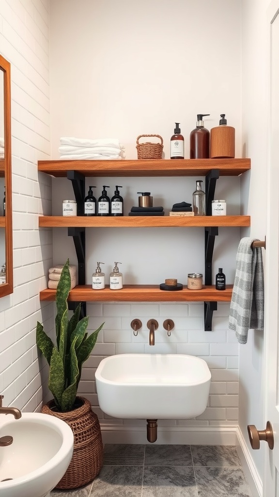 Rustic reclaimed barn wood shelving in a modern wet room setting.