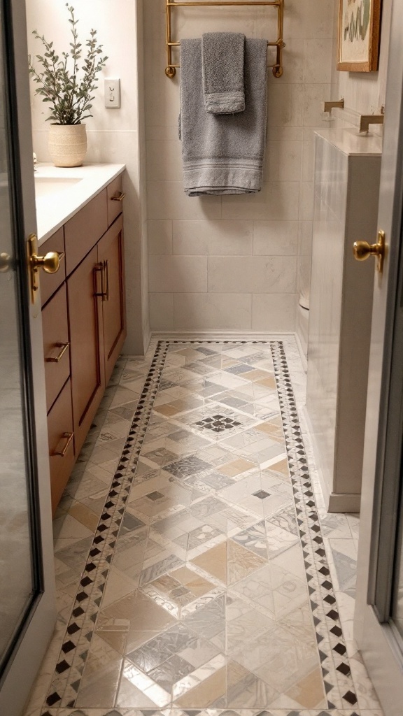 A stylish bathroom with a modern design, featuring removable peel and stick tiles on the floor.