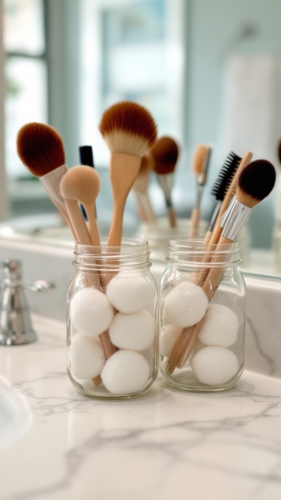 Mason jars filled with cotton balls and makeup brushes on a bathroom counter