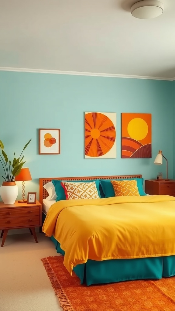 A mid-century bedroom featuring turquoise walls, a yellow and teal bedspread, and vibrant artwork.