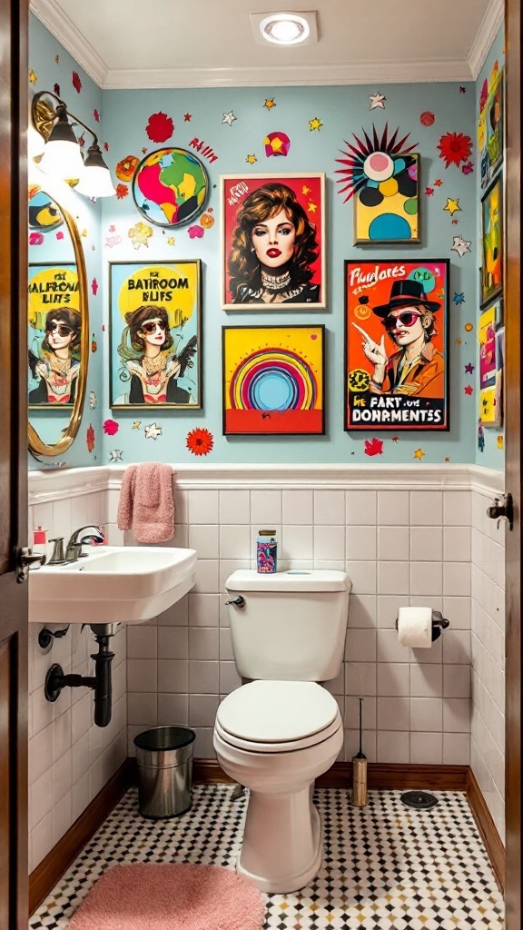 A colorful retro-themed bathroom featuring funky wall art and bright decor.